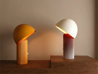 Orange And White Table Lamps With Hemispherical Shades Striped Bases On Wooden Table 3d model