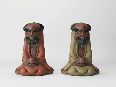 Artistic Sculpture Carving Featuring Bearded Human Figures In Brown Green Color And Sitting Pose 3d model