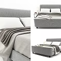 Modern Gray Double Bed With Upholstered Headboard Soft Blanket And Pillows 3d model