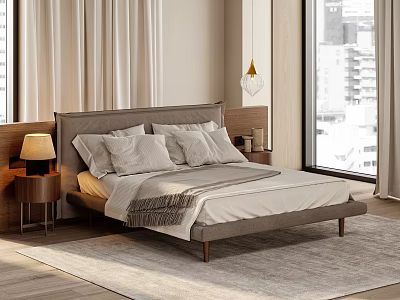 Modern Double Bed With Gray Headboard Pillows Blanket And Nightstand By Window With City View 3d model
