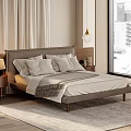 Modern Double Bed With Gray Headboard Pillows Blanket And Nightstand By Window With City View