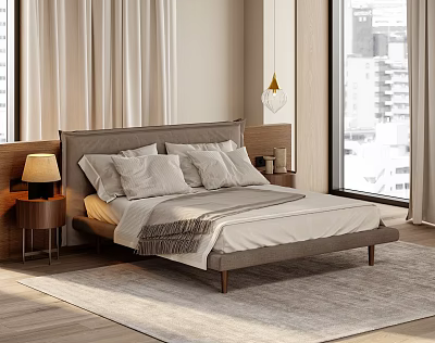 Modern Double Bed With Gray Headboard Pillows Blanket And Nightstand By Window With City View 3d model