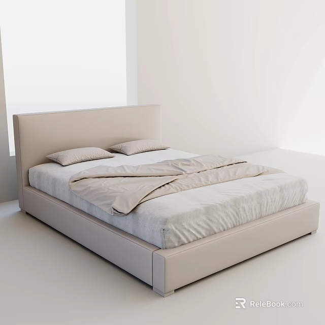 Modern Minimalist Double Bed With Upholstered Headboard And Soft Linen Sheets 3d model