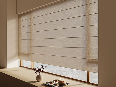 Beige Window Roller Blinds With Potted Plant And Tea Set On Windowsill 3d model