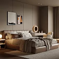 Modern Bedroom Interior With Upholstered Bed Nightstand Accent Chair And Paintings