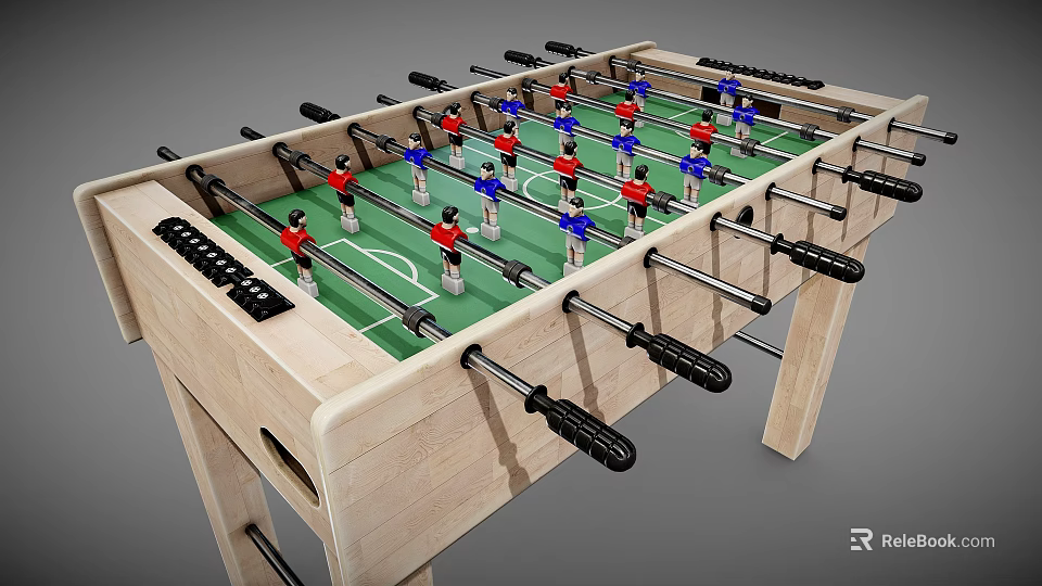Wooden Foosball Table With Green Playing Surface Red Blue Player Figures And Black Handles 3d model 