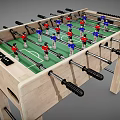 Wooden Foosball Table With Green Playing Surface Red Blue Player Figures And Black Handles