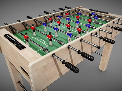 Wooden Foosball Table With Green Playing Surface Red Blue Player Figures And Black Handles 3d model