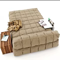 Brown Cushioned Double Bed With Quilted Surface Plaid Blanket And Side Table With Books Magazines