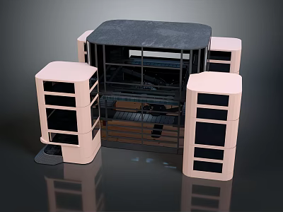 Cartoon Scene Featuring Pink Pillars Black Roof Frame Structure and Multi Layer Platforms 3d model