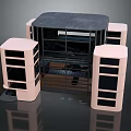 Cartoon Scene Featuring Pink Pillars Black Roof Frame Structure and Multi Layer Platforms
