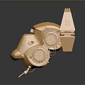 Golden Futuristic Mechanical Robot With Winged Structure Circular Components And Leg Supports