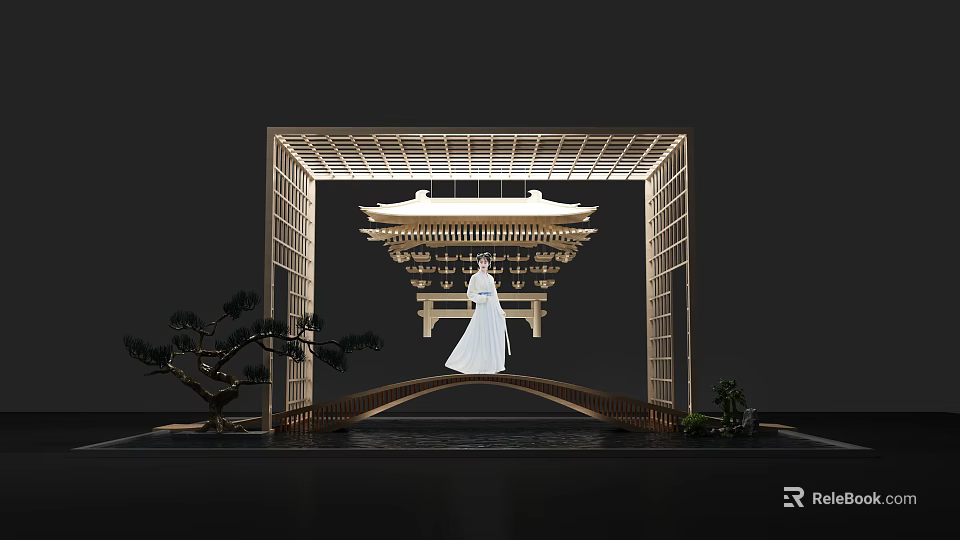 Japanese Style Garden Ornament Featuring Wooden Frame Small Bridge Pine Tree Lantern And Water Surface 3d model 