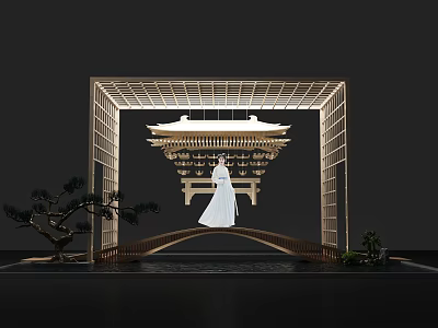 Japanese Style Garden Ornament Featuring Wooden Frame Small Bridge Pine Tree Lantern And Water Surface 3d model