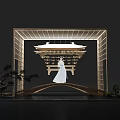 Japanese Style Garden Ornament Featuring Wooden Frame Small Bridge Pine Tree Lantern And Water Surface