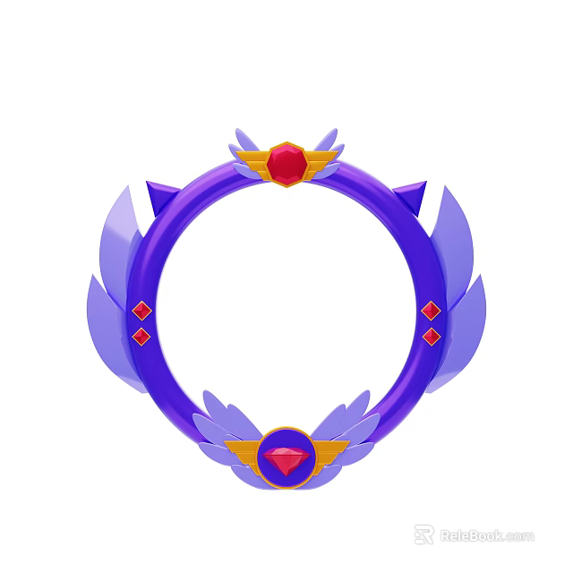 Decorative Ornament Set with Purple Circular Ring Wings and Red Gemstones Accents 3d model 