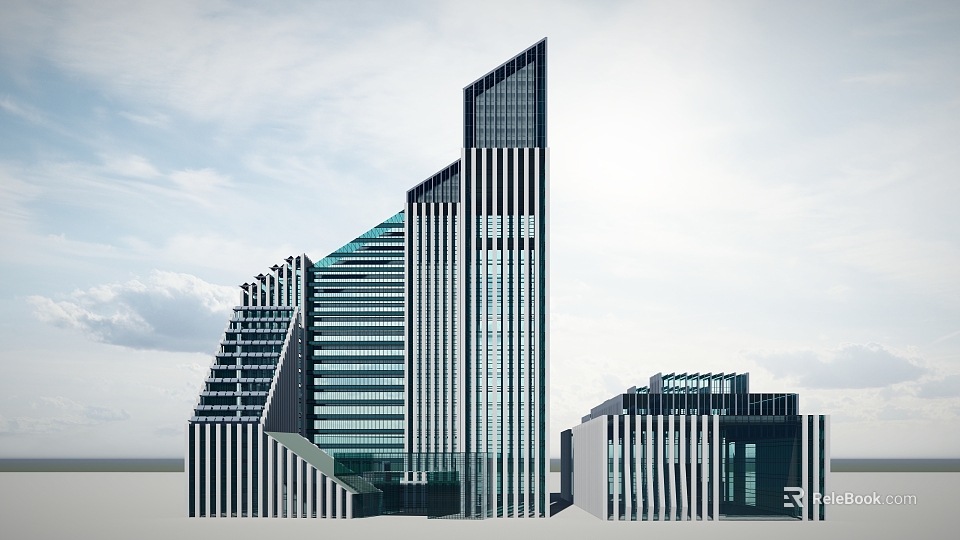 Modern Geometric Office Building Design With High Rise Glass Curtain Wall And Striped Facade 3d model 