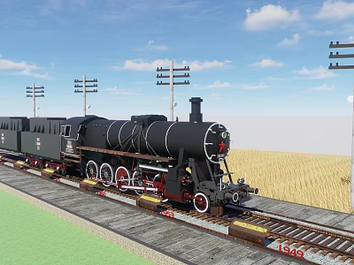 Black Steam Train on Railway Track with Field Telephone Poles Blue Sky and White Clouds 3d model