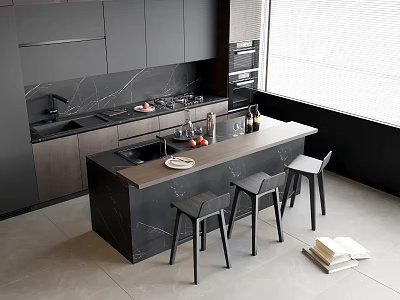 Modern Kitchen Interior Design With Black Cabinets Marble Island And Bar Stools 3d model