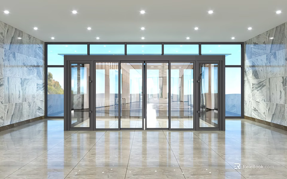 Bright Modern Grand Hall With Glass Doors Marble Walls And Recessed Lights 3d model 