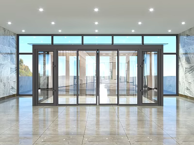 Bright Modern Grand Hall With Glass Doors Marble Walls And Recessed Lights 3d model