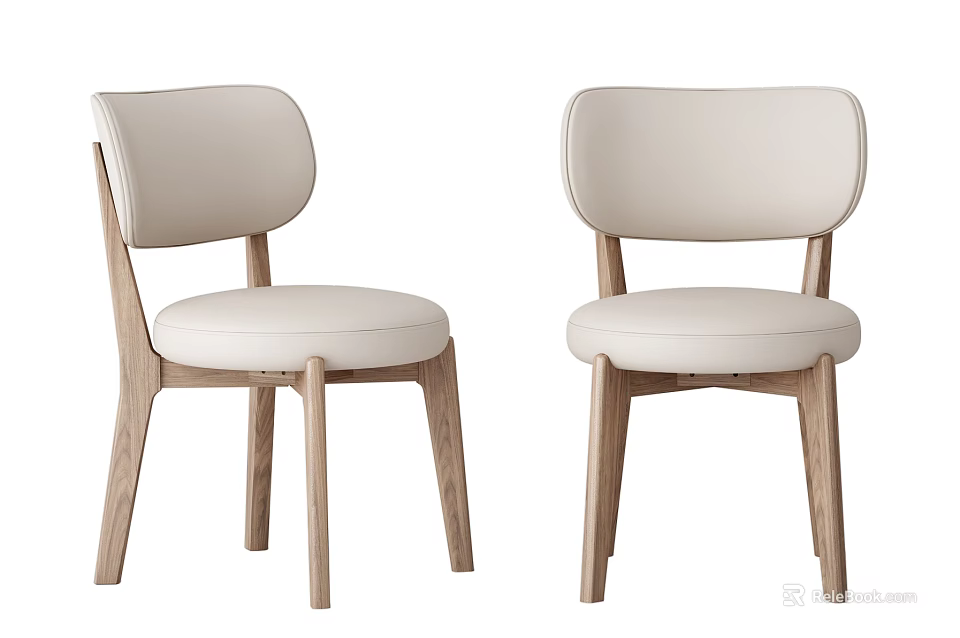 Modern Minimalist Dining Chairs with White Upholstered Seats and Wooden Legs Set of Two 3d model 
