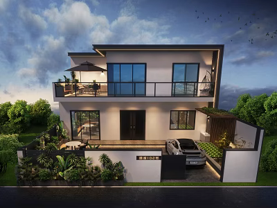 Modern Two Story Detached Villa with Large Windows Balcony Courtyard Greenery and Garage 3d model