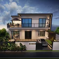 Modern Two Story Detached Villa with Large Windows Balcony Courtyard Greenery and Garage