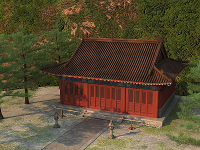 Ancient Chinese Architecture With Red Exterior Traditional Tiled Roof Surrounding Pine Trees Stone Path Lanterns 3d model