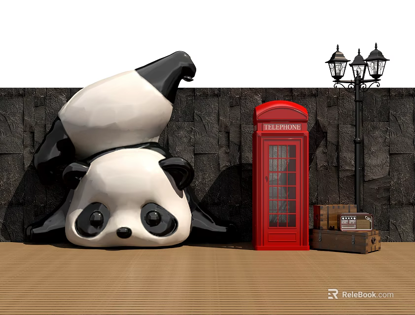Upside Down Panda Sculpture Red Telephone Booth Photo Spot With Street Lamp And Stone Wall 3d model 