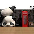 Upside Down Panda Sculpture Red Telephone Booth Photo Spot With Street Lamp And Stone Wall