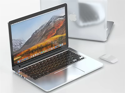 Modern Open Laptop With Scenic Screen Display Wireless Mouse And Another Laptop In Background 3d model