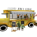 Vibrant Yellow Fruit Juice Truck Shop with Menu Board and Plants