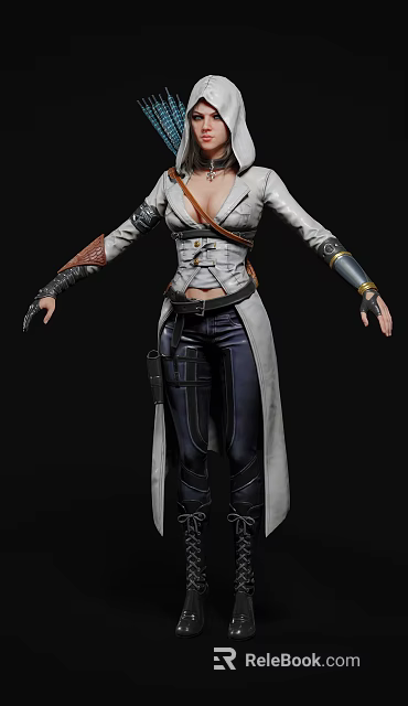 Woman In Stylish Long Coat With Leather Pants Belt Gloves And Decorative Accessories 3d model 