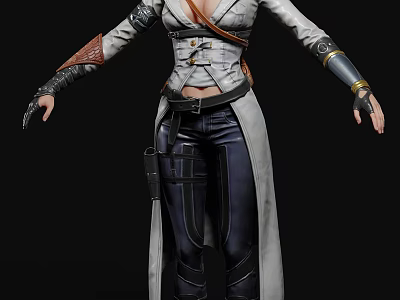 Woman In Stylish Long Coat With Leather Pants Belt Gloves And Decorative Accessories 3d model