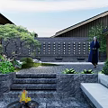 Serene Garden Landscape With Red Green Trees Stone Paving And Pavilion Area