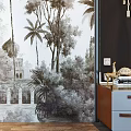 Bedroom Accent Wall With Tropical Palm Trees Mural Architectural Elements And Wall Sconces 3d model
