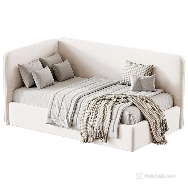 Modern Light Beige Sofa Bed With Plush Cushions And Cozy Throw Blanket 3d model 