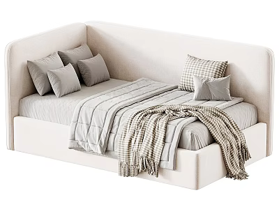 Modern Light Beige Sofa Bed With Plush Cushions And Cozy Throw Blanket 3d model