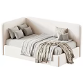 Modern Light Beige Sofa Bed With Plush Cushions And Cozy Throw Blanket