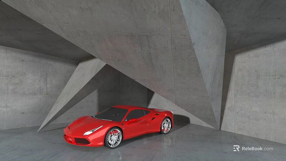 Stunning Red Sports Car Parked In Modern Concrete Geometric Structure 3d model 