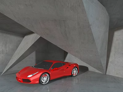 Stunning Red Sports Car Parked In Modern Concrete Geometric Structure 3d model