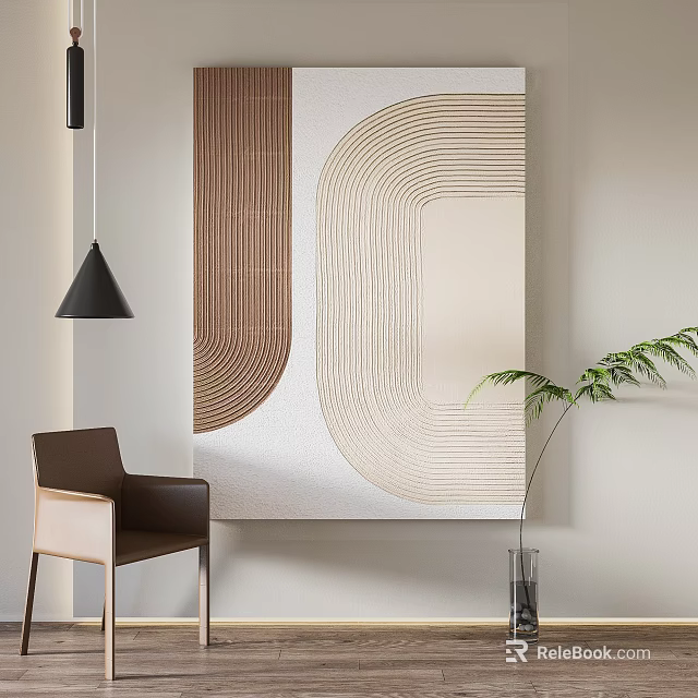 Abstract Painting Featuring Curved Striped Patterns In Brown Beige Tones With Armchair And Green Plant 3d model 