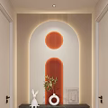 Entryway Hallway With Arch Design Orange Striped LED Light Strips Rabbit Figurine Plant On Shelf