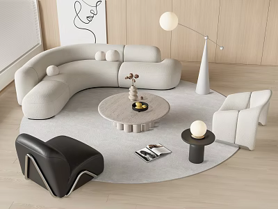 Curved Sofa and Round Coffee Table Set With Floor Lamp Armchair and Decorative Painting 3d model