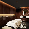 Elegant Modern SPA Interior With Wooden Walls Massage Bed Round Mirror And White Vanity