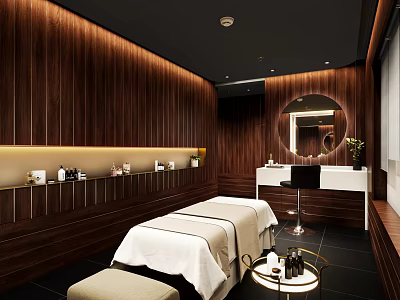 Elegant Modern SPA Interior With Wooden Walls Massage Bed Round Mirror And White Vanity 3d model