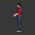 Game Movie Character In Red Shirt Blue Jeans And Blue Sneakers Standing Against Gray Background