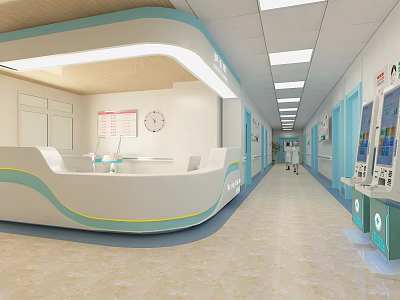Modern Bright Hospital Reception Area With Curved Desk Clock Information Board And Self Service Kiosks 3d model