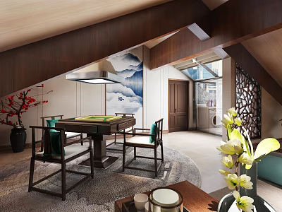 Traditional Chinese Interior With Wooden Ceiling Landscape Painting Tea Table And Flower Vases 3d model